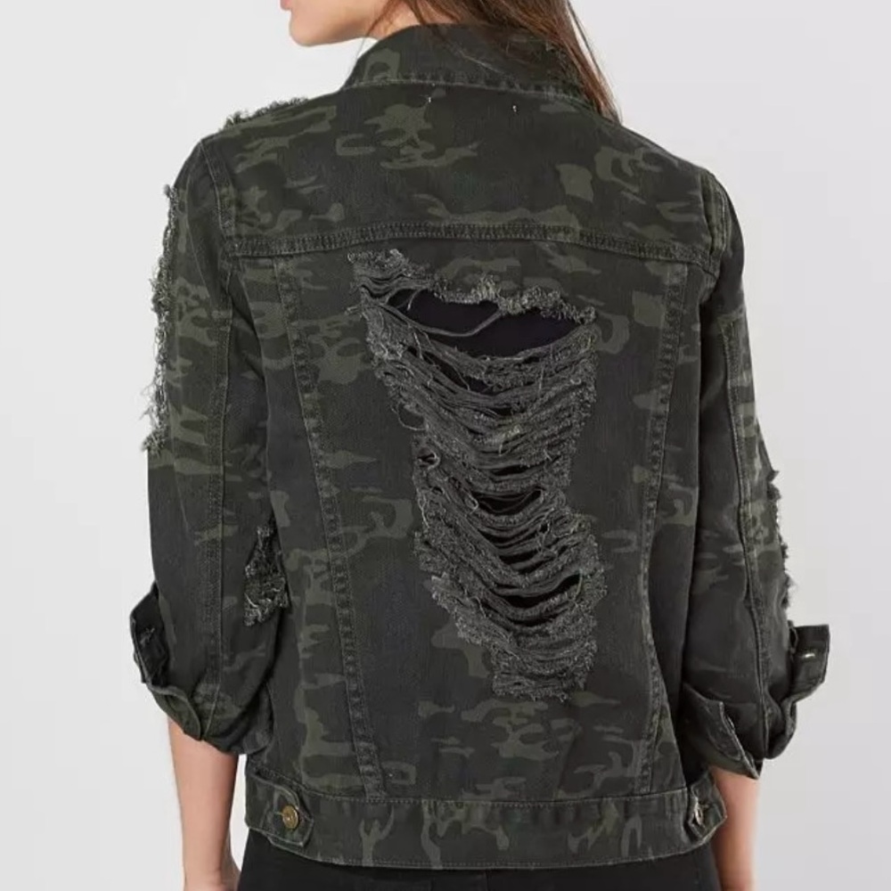 Waimea Distressed Camo Denim Jacket Green 100% Cotton Grunge Utility Style